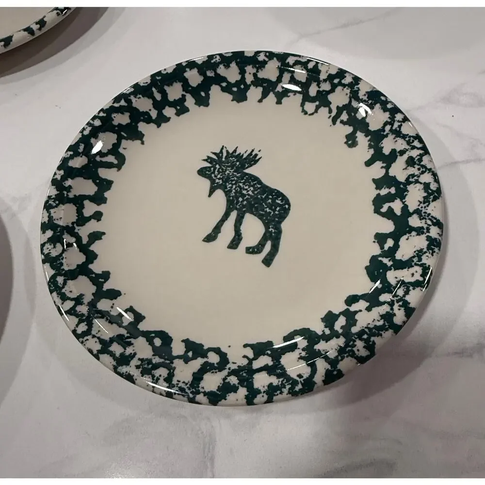 VINTAGE Tienshan Moose Country Salad Plates Set 2 Folk Craft Spongeware 8 Inch